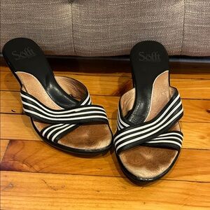 Sofft Black and White Striped Leather Slide Mules